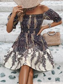 SHEIN VCAY 佩斯利印花一字肩荷葉邊洋裝 - 黑色 - 查看 2