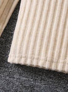 SHEIN Young Girl Contrast Trim Ribbed Knit Tee - Khaki - View 4