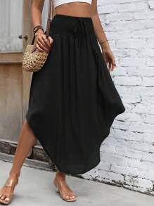 Breezaya Solid Shirred Waist Curved Hem Skirt Maxi Vacation Beach Outfits Women Fall Cloth For Women