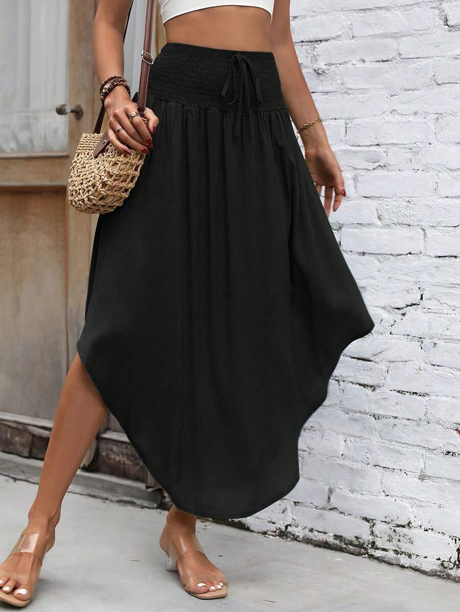 Breezaya Solid Shirred Waist Curved Hem Skirt Maxi Vacation Beach Outfits Women Fall Cloth For Women