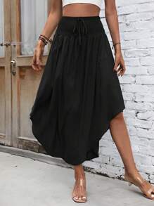 Breezaya Solid Shirred Waist Curved Hem Skirt Maxi Vacation Beach Outfits Women Fall Cloth For Women