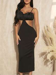 SHEIN SXY 胸部褶皺腰部鏤空吊帶連衣裙 - 黑色 - 查看 1