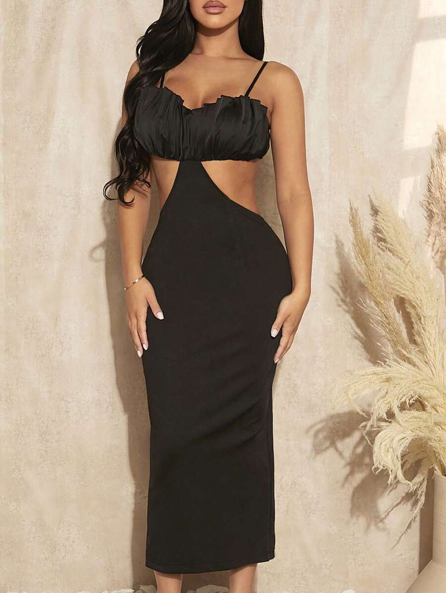 SHEIN SXY 胸部褶皺腰部鏤空吊帶連衣裙 - 黑色 - 查看 1