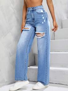 SHEIN Unity 高腰破洞直筒牛仔褲 - 藍色 - 查看 3