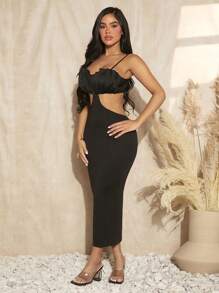 SHEIN SXY 胸部褶皺腰部鏤空吊帶連衣裙 - 黑色 - 查看 4