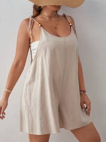 SHEIN VCAY Plus Tie Shoulder Cami Romper - Khaki - View 1