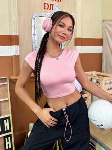 SHEIN Qutie Solid Cap Sleeve Crop Tee - Pink - View 1