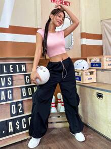 SHEIN Qutie Solid Cap Sleeve Crop Tee - Pink - View 3