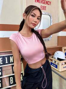 SHEIN Qutie Solid Cap Sleeve Crop Tee - Pink - View 4