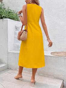 SHEIN VCAY Floral Embroidery Button Front Dress Without Belt - Yellow - View 2