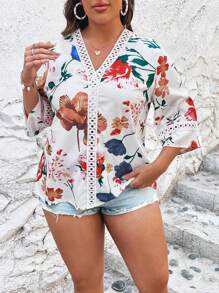 SHEIN VCAY Plus Floral Print Guipure Lace Trim Blouse - White - View 1