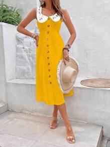 SHEIN VCAY Floral Embroidery Button Front Dress Without Belt - Yellow - View 6