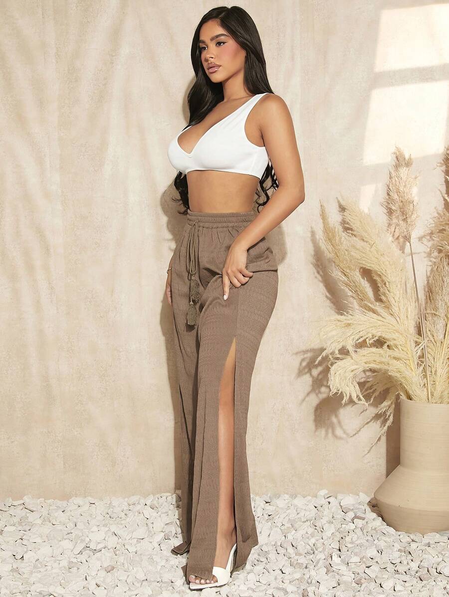SHEIN SXY Split Thigh Straight Leg Pants - Camel - View 1