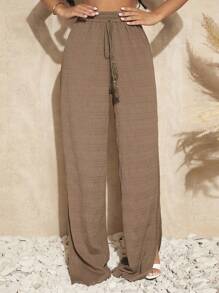 SHEIN SXY Split Thigh Straight Leg Pants - Camel - View 3