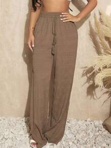 SHEIN SXY Split Thigh Straight Leg Pants - Camel - View 4