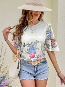SHEIN VCAY Floral Print Flounce Sleeve Blouse - White - View 3