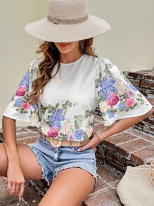 SHEIN VCAY Floral Print Flounce Sleeve Blouse - White - View 6