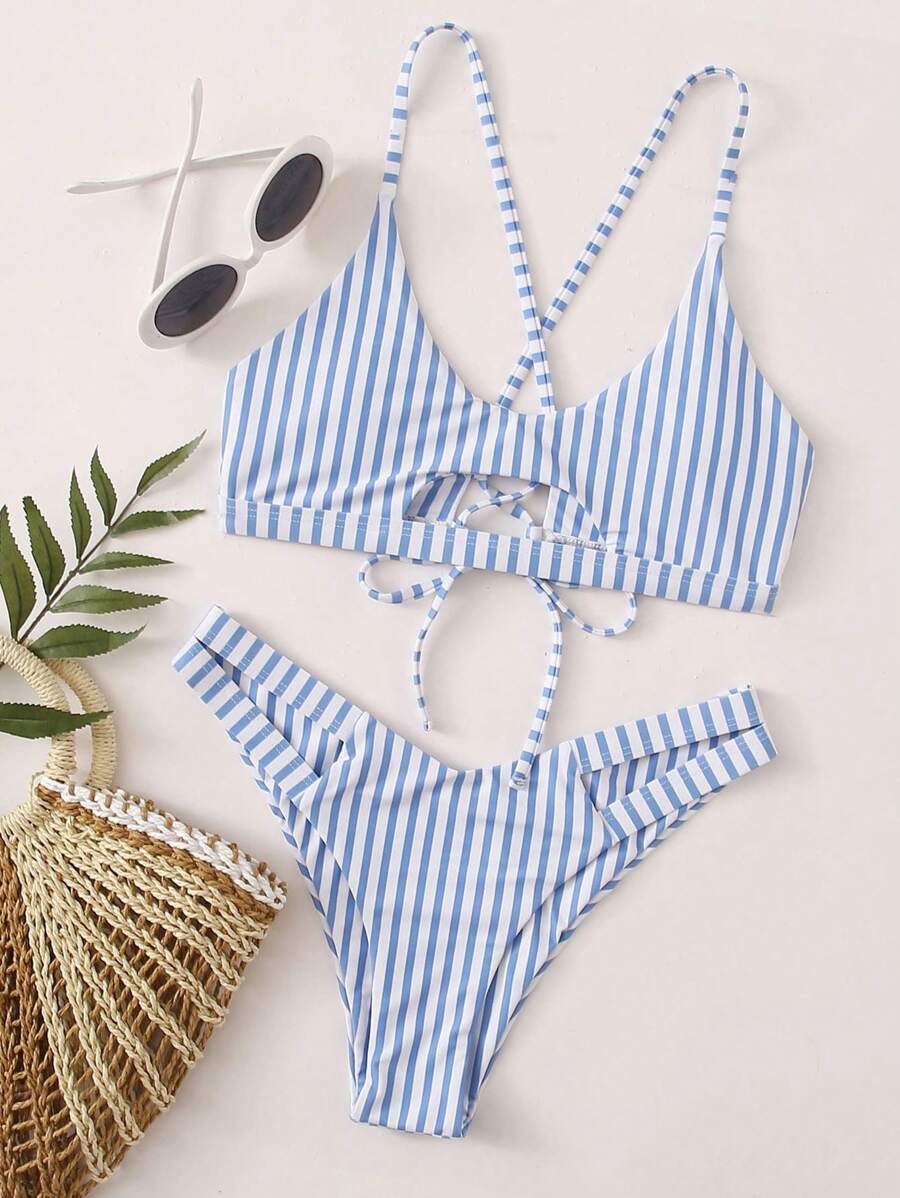 條紋圖案鏤空後綁帶比基尼泳裝 - 藍白色 - 查看 1