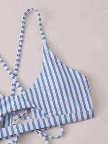 條紋圖案鏤空後綁帶比基尼泳裝 - 藍白色 - 查看 3