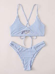 條紋圖案鏤空後綁帶比基尼泳裝 - 藍白色 - 查看 4