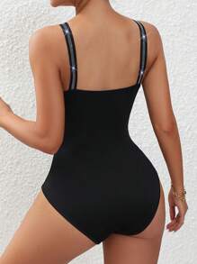 Allurite Rhinestone Detail Cami Bodysuit - Black - View 2