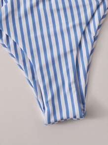 條紋圖案鏤空後綁帶比基尼泳裝 - 藍白色 - 查看 5