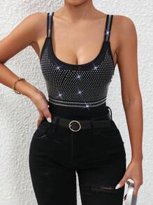 Allurite Rhinestone Detail Cami Bodysuit - Black - View 5