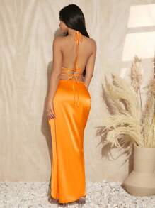 SHEIN SXY Bộ đồ hai mảnh nữ Lộ Lưng Buộc lại xoắn lại màu trơn Gợi cảm - trái cam - Xem 2