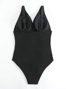 SHEIN Swim Curve Plus Solid Plunge Neck One Piece Swimsuit - Black - View 5