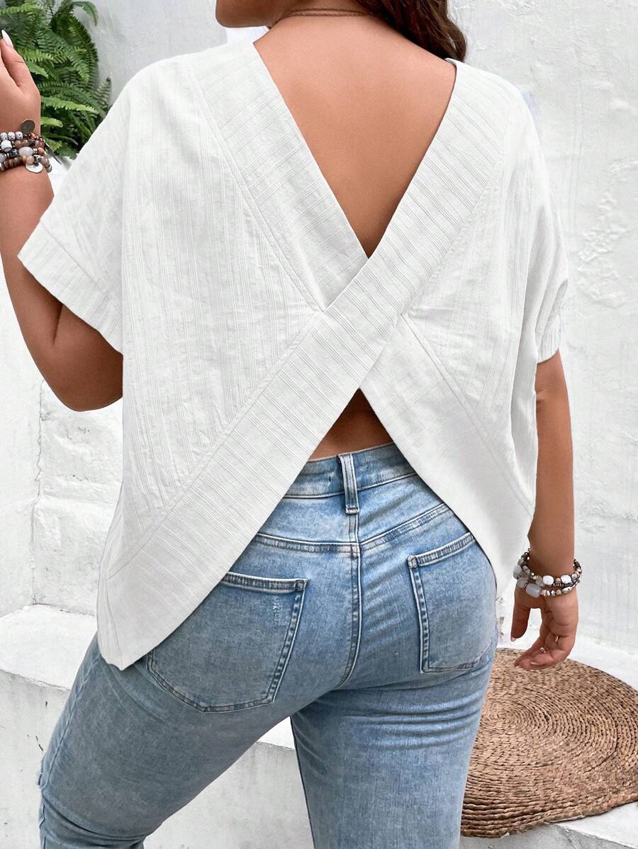 SHEIN Frenchy Talla grande Blusa unicolor de manga murciélago - Blanco - Ver 1