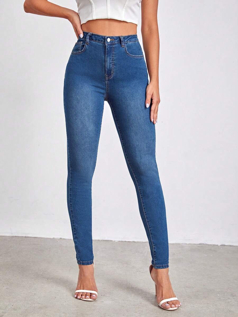 SHEIN Tall Quần jean nữ Nút Túi Dây kéo màu trơn - Rửa tối - Xem 1