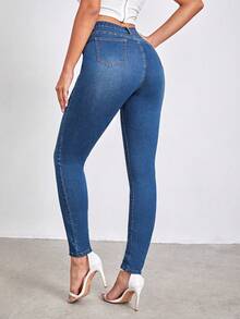 SHEIN Tall Quần jean nữ Nút Túi Dây kéo màu trơn - Rửa tối - Xem 2