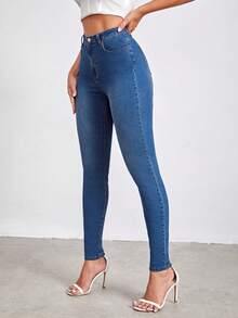 SHEIN Tall Quần jean nữ Nút Túi Dây kéo màu trơn - Rửa tối - Xem 3