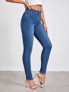 SHEIN Tall Quần jean nữ Nút Túi Dây kéo màu trơn - Rửa tối - Xem 4