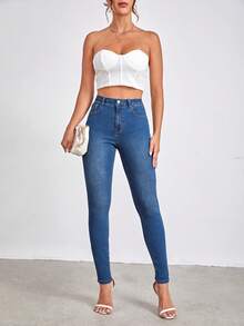 SHEIN Tall Quần jean nữ Nút Túi Dây kéo màu trơn - Rửa tối - Xem 5