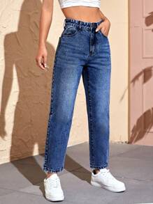 SHEIN PETITE High Waist Straight Leg Jeans - Dark Wash - View 1