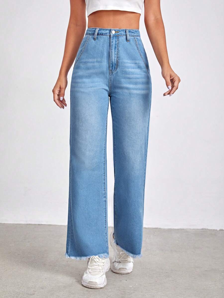 SHEIN Tall Quần jean nữ Nút Túi Hem thô Dây kéo màu trơn - Rửa trung bình - Xem 1