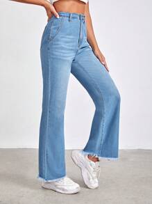 SHEIN Tall Quần jean nữ Nút Túi Hem thô Dây kéo màu trơn - Rửa trung bình - Xem 4