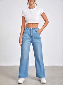 SHEIN Tall Quần jean nữ Nút Túi Hem thô Dây kéo màu trơn - Rửa trung bình - Xem 5