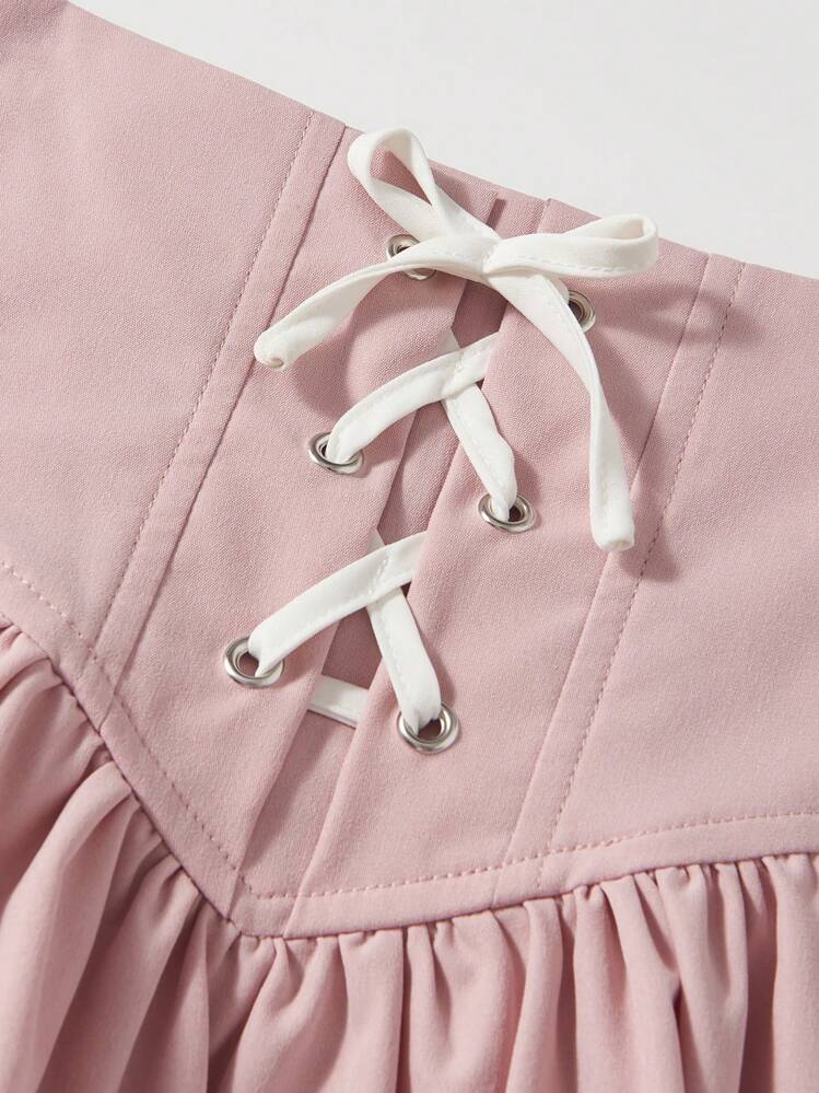 SHEIN נערה טווין שרוכי איקס קדמיים חצאית רחבה - ורוד עתיק - ראה 3