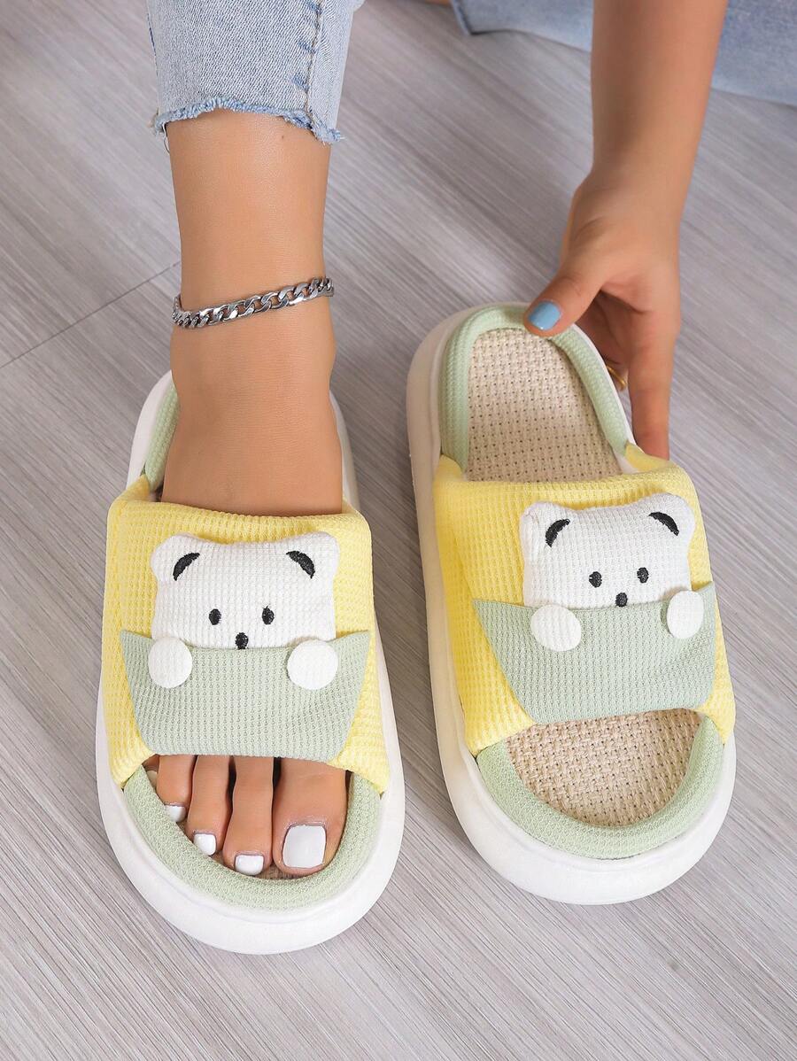 女士卡通熊裝飾臥室拖鞋,時尚拖鞋 - 黃色 - 查看 1