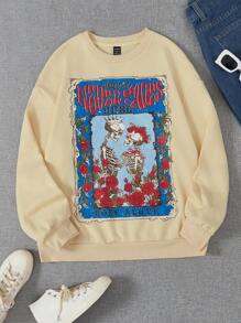 SHEIN EZwear Letter & Skull Print Drop Shoulder Sweatshirt - Apricot - View 1