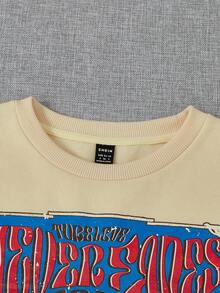 SHEIN EZwear Letter & Skull Print Drop Shoulder Sweatshirt - Apricot - View 4