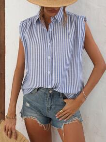 SHEIN VCAY 條紋印花前紐扣襯衫 - 藍白色 - 查看 1