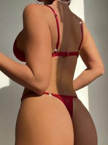 Goth Floral Lace Harness Chain Detail Lingerie Set - Burgundy - View 2