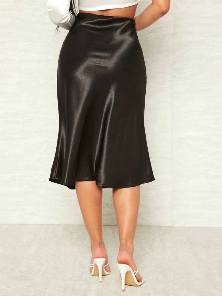 Zipper Side Solid Satin Skirt Without Belt
