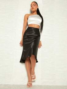 Silquee Váy Satin Chắc Chắn Bên Dây Kéo Không Thắt Lưng - màu đen - Xem 3