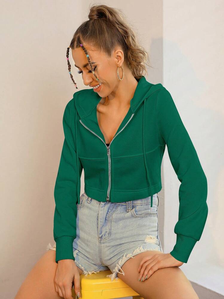 SHEIN EZwear Zip Up Drawstring Crop Hoodie - Green - View 3