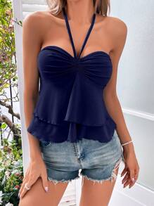 Breezaya 抽繩胸部褶皺後背繫帶掛脖上衣 - 藏蓝色 - 查看 3