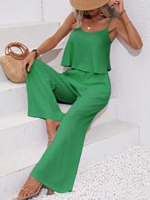 SHEIN LUNE 素色吊帶上衣和闊腿褲 - 綠色 - 查看 1